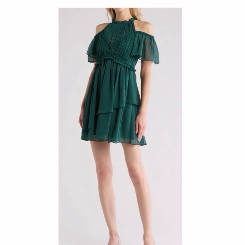 Ted Baker Emerald Green Cold-Shoulder Ruffle Mini Dress